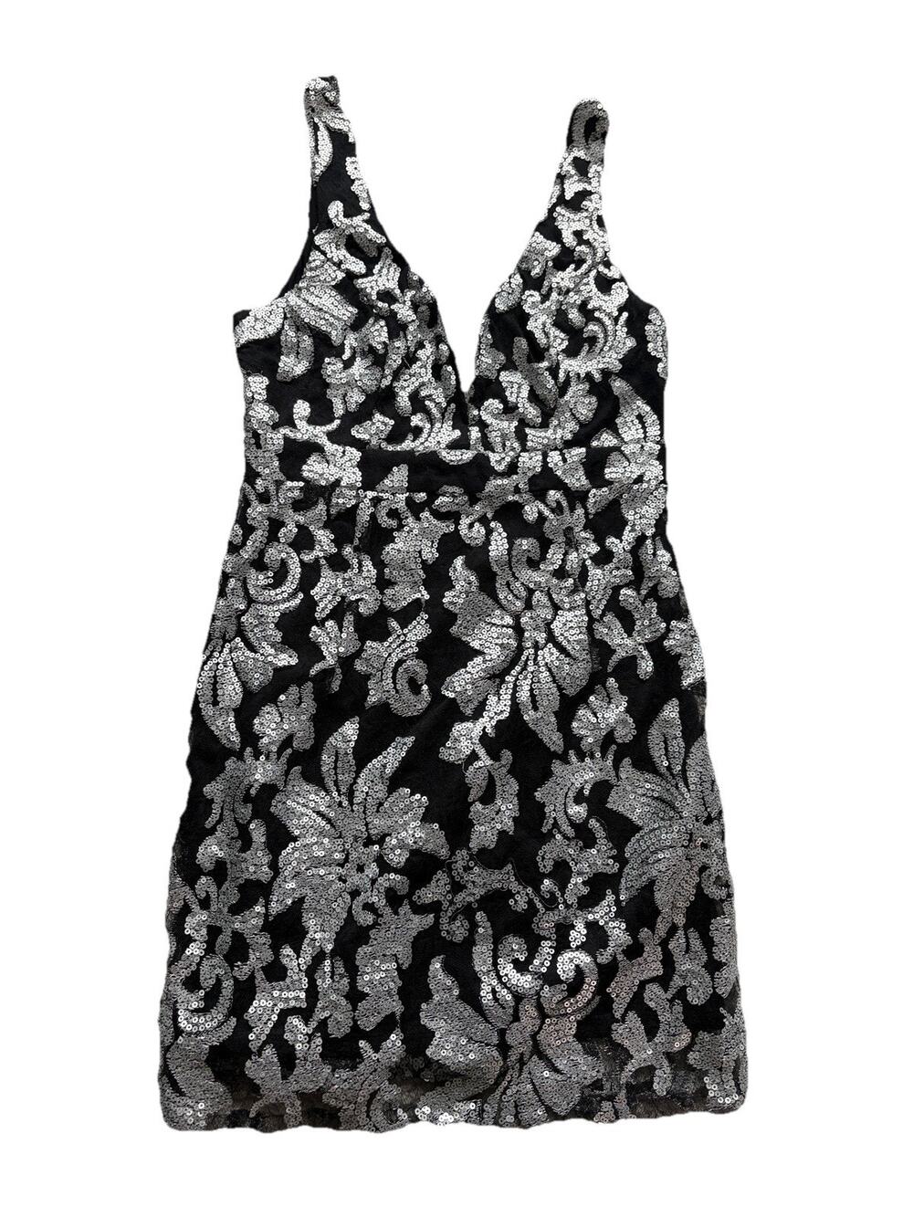 Arc and Co Floral Women’s Sequin Mini Dress Size S Silver Black Party Cocktail